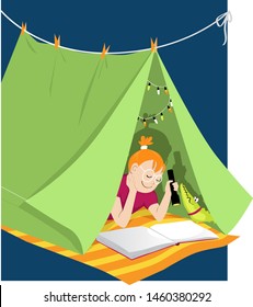 Little Girl Reading With A Flashlight In A Blanket Fort, Shadow Shows Pirate Ship, EPS 8 Vector Illustration	
