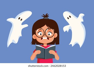 
Niña leyendo una historia de terror Vector ilustración de dibujos animados. Niño que descubre espíritus de un mal libro de cuentos en Halloween 
