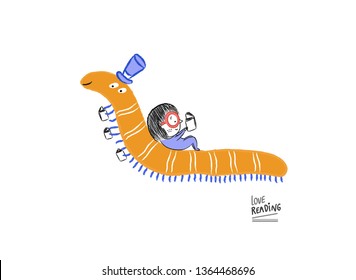 Little girl reading with Mr. Worm, vector illustration