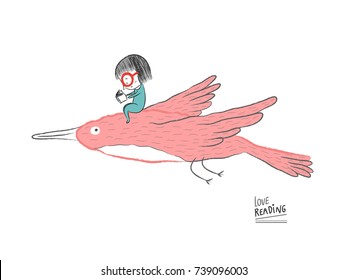 Little girl reading on a big bird, vector illustration