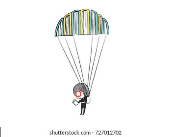 Little girl reading in a parachute made with books. Hand drawn vector illustration.