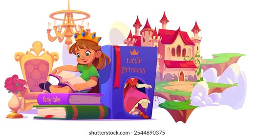 Menina lendo livro de história de princesa isolado no fundo branco. Ilustração de desenho animado de criança bonito curtindo o livro de histórias, sonhando com o castelo medieval na ilha flutuante, trono rosa, coroa