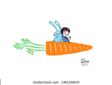 Little girl reading with a rabbit on a big carrot, vector illustration