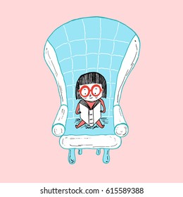 Little girl reading sitting on a sofa. Hand drawn vector illustration