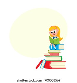 Little girl reading, sitting on huge pile, stack of books, cartoon vector illustration isolated on white background with speech bubble