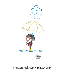 Little girl reading under the rain, vector illustration