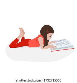 Little girl reads a book and is lying. Distance learning. Home education. School girl girl doing homework. Child with a book in her hands. Bookcrossing.