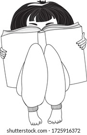 little girl reads a book, read fairy tales, pen drawing, girl in pajamas