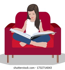 Little girl reads a book and sits on a armchair. Distance learning. Home education. School girl girl doing homework. Child with a book in her hands. Bookcrossing.