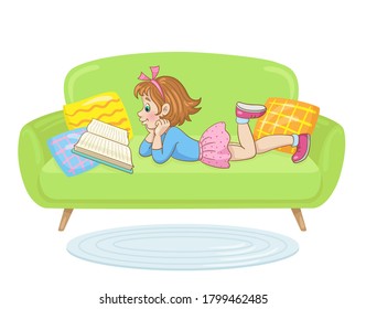 A little girl reads an interesting book lying on the sofa. In cartoon style. Isolated on white background. Vector illustration.