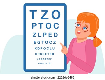 A little girl reads a table of letters. Graphics. Vector. Theme of medicine and health. Making an appointment with an ophthalmologist. Medical banner for web design. svg