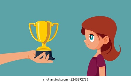 
Niña Recibiendo una Ilustración de Caricatura del Vector de Trofeo. Niño feliz celebrando el éxito del premio en competencia escolar
