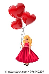 little girl with red balloons in heart shape