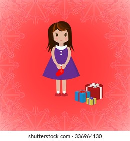 Little girl with red Christmas sock stands next to gift boxes. Decorative frame with snowflakes pattern. Art vector illustration for your Christmas design.