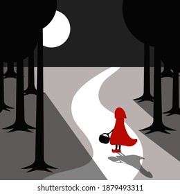 Little girl in red cloak in dark forest. vector illustration.