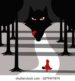 Little girl in red cloak and wolf waiting for her in forest. vector illustration.