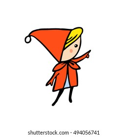 The little girl in red coat. Raised left hand. Blonde hair. Big black eye. 