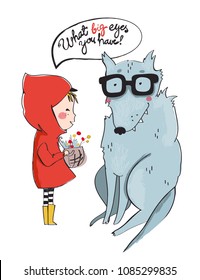 Little girl in red coat and wolf in glasses. Cute vector illustration