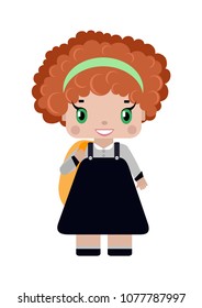 little girl, with red curly hair in school uniform, with school backpack smiling (first grader).in cartoon style