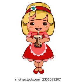 Little girl in red dress with boba tea cup vector illustration 