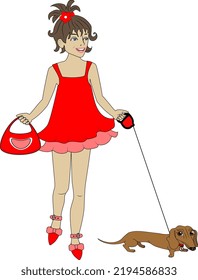 Little girl in a red dress with a dachshund dog and a handbag