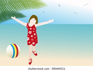 A little girl in a red dress playing on beach with ball. Illustration. Silhouette