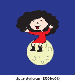 little girl in a red dress sits on the moon and sticks out her tongue. blue, comic, illustration, mischievous.