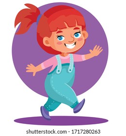 little girl with red hair gathered in a ponytail merrily steps somewhere, isolated object on a white background, vector illustration,