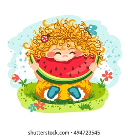 Little girl with red hair sitting and eating ripe watermelon. Vector illustration of childhood
