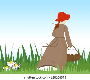 A little girl in a red hat with a basket runs away. Vector illustration