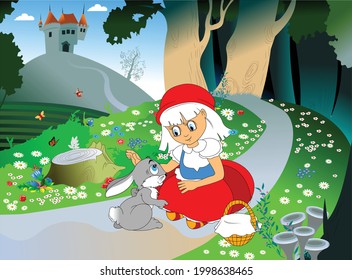 Little girl in a red hat, on a walk met a gray rabbit