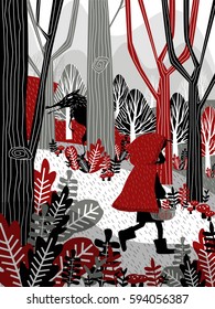 Little Girl in Red Hood Walking in Forest Fairy Tale Illustration