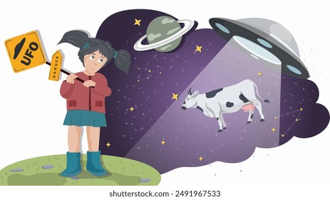 A little girl in a red jacket holds a warning sign, against the background of a UFO that kidnaps a cow flat illustration