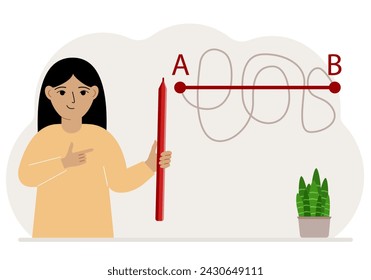 Little girl with a red pencil in her hand. A line is drawn from point A to point B, a straight and difficult path, the shortest distance to the goal, an easy or short path in study.