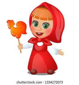 A little girl with a red scarf holding a lollipop form of a rooster isolated on white background. Vector cartoon close-up illustration.