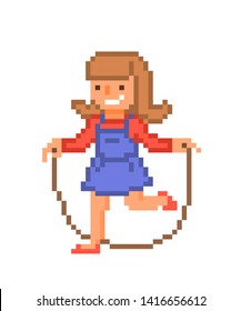 Little Girl In Red Shirt And Blue Denim Sundress Jumping With Skipping Rope, 8 Bit Pixel Art Character Icon Isolated On White Background. Outdoor Summer Activity For Kids. Child On A Playground.