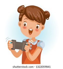 
Little girl, red shirt. Using game control equipment. Fun, smiling, excited with the child's play. Cartoon character illustration Isolated vector on a white background.