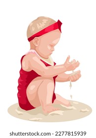 
A little girl in a red swimsuit plays with sand on the beach. Isolated on transparent background. Vector graphics.