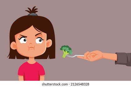 
Niña pequeña que se niega a comer una ilustración de un vector de brócoli. Niña marica siendo un quisquilloso que rechaza la opción de una comida saludable
