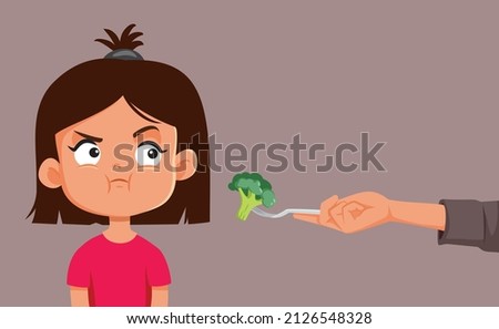 
Little Girl Refusing to Eat Broccoli Vector Cartoon Illustration. Fussy child being a picky eater rejecting healthy meal option
