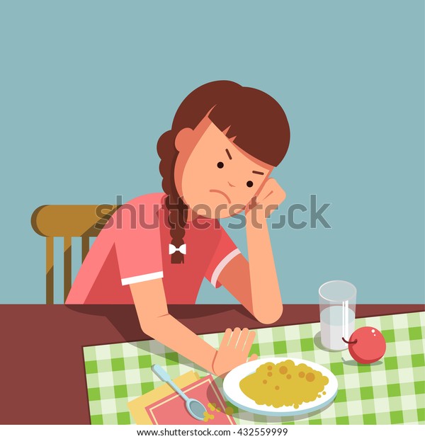 食べ物を断る小さな女の子は 子供は食べたくない 女の子は食卓に座って食べたくない のベクター画像素材 ロイヤリティフリー