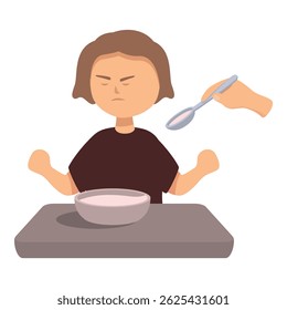 Little girl refusing food from parent at dinner table with angry expression on face