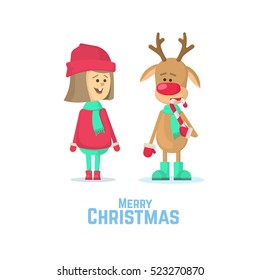 Little girl and reindeer. Deer with red nose eating candy. Flat Vector Illustration.