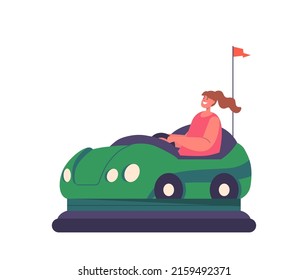 Little Girl Relax at Bumper Car Attraction. Child Character Fun at Funfair Riding in Amusement Park. Carnival Entertainment, Isolated Kid Driving Green Dodgem Cart. Cartoon People Vector Illustration