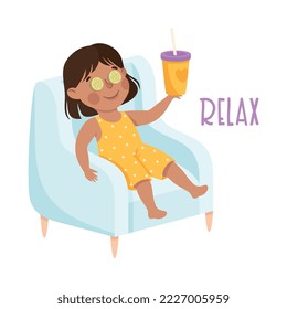 Little Girl Relaxing in Armchair with Soda Drink Demonstrating Vocabulary and Verb Studying Vector Illustration