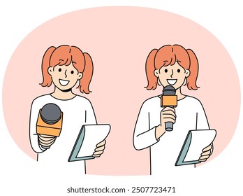 Little girl reporter with microphone smiling participating in shooting of educational TV show for children. Schoolgirl dreams of becoming reporter and working for television to interview celebrities.