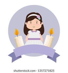 little girl with ribbon and candles first communion