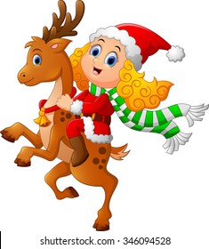 little girl ride deer on christmas