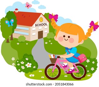 Little girl rides her bicycle to school. Vector illustration.