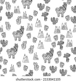 A little girl rides a llama among mountains and cacti. Seamless black and white pattern.
